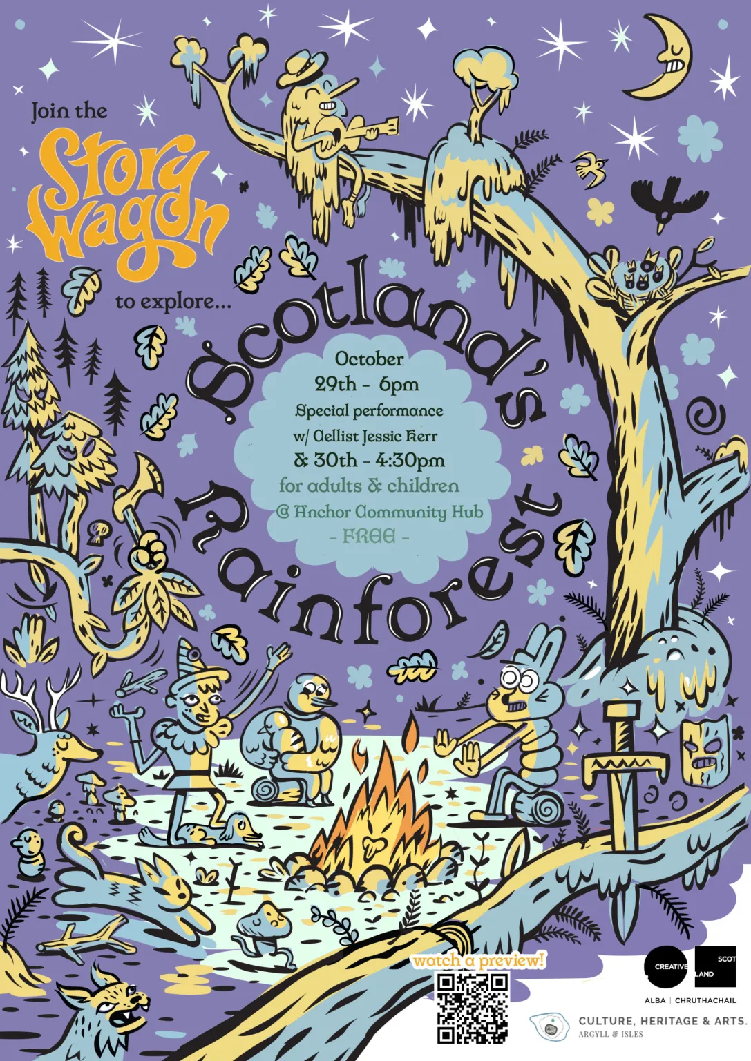 poster for storytelling show about scotland's rainforest, the celtic rainforest, the atlantic rainforest, produced by Luke Winter for Story Wagon